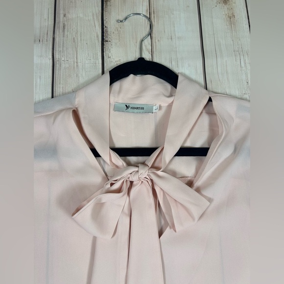 Elegant Blush Pink Sheer Long Sleeve Blouse with Bow Tie at Neckline. - Picture 3 of 8